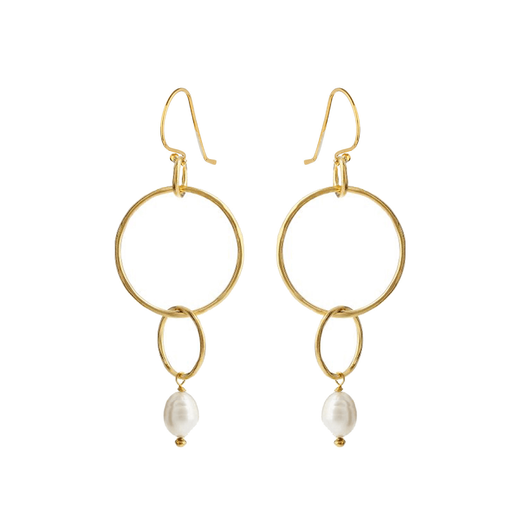Gold hook earrings with a pearl descending from two interlocking circles.
